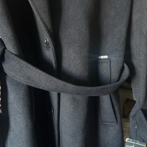 Guess Blackened Blue Long Wool Belted Coat - Picture 3 of 6